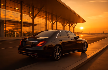 Black executive saloon parked outside a modern airport terminal at sunset