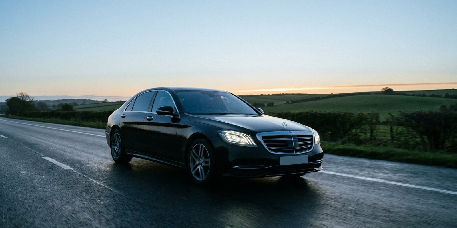 A black Mercedes executive saloon driving on a wet Dorset country road at dusk, rolling green countryside and a glowing horizon in the background, representing Dorset Executive Cars airport transfer service