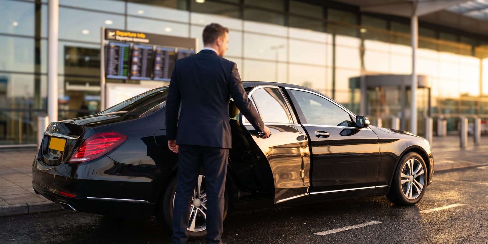 Executive chauffeur car parked outside a UK airport terminal at dawn, representing the chauffeur vs taxi airport transfer comparison