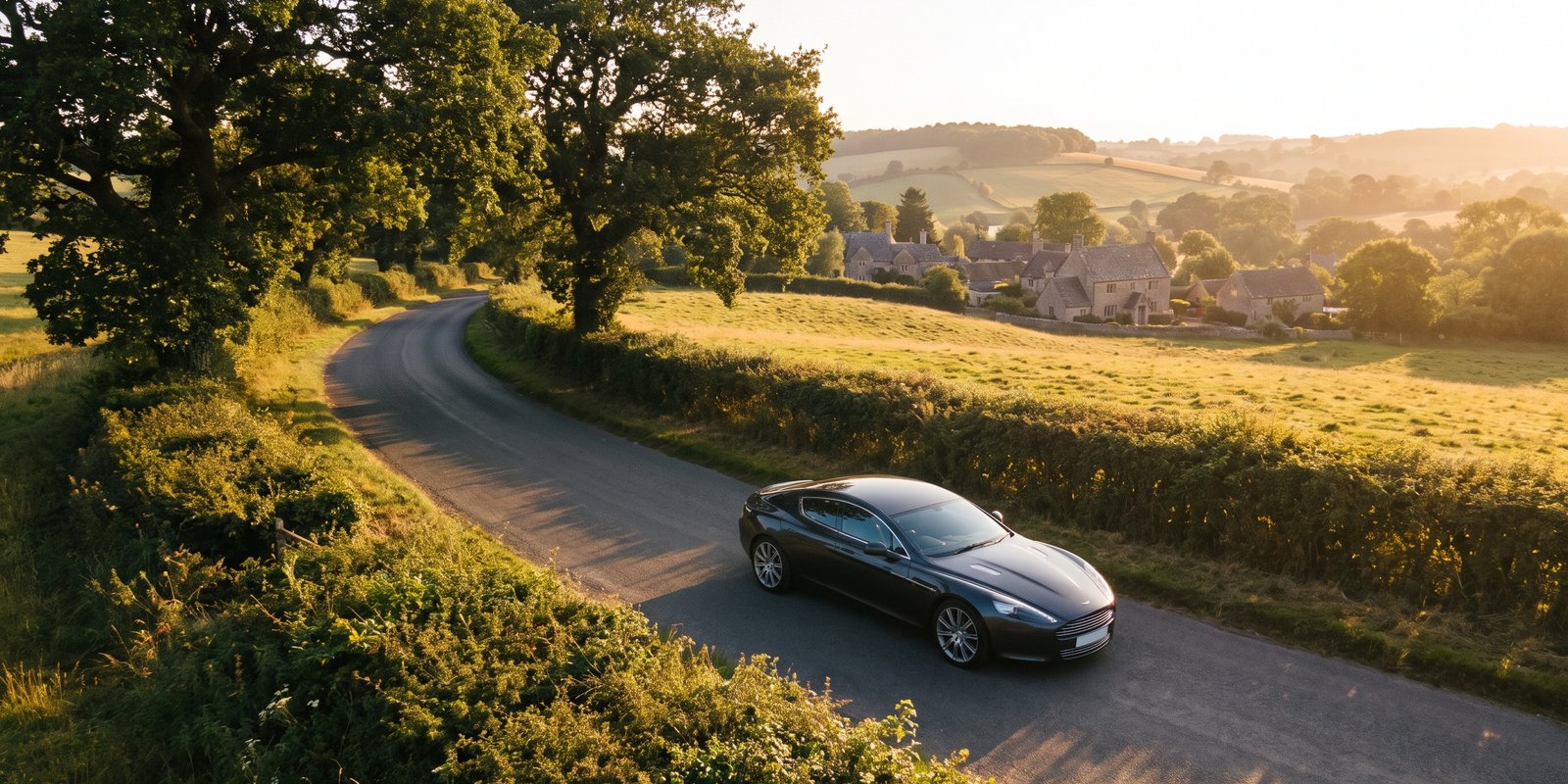 Luxury executive saloon car parked on a quiet tree-lined road in the English countryside at golden morning light, representing corporate chauffeur travel in Dorset