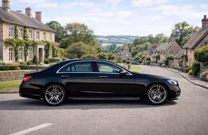 Black executive saloon parked in a village street