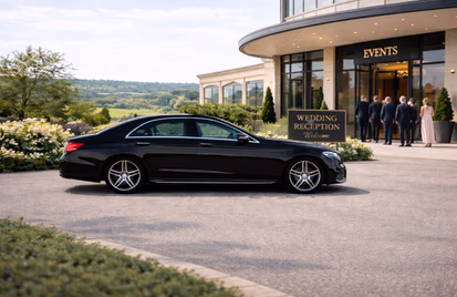 Black executive saloon outside an events venue