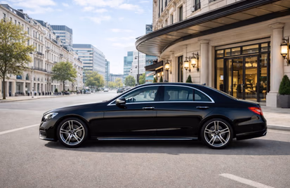 Black executive saloon outside a city hotel