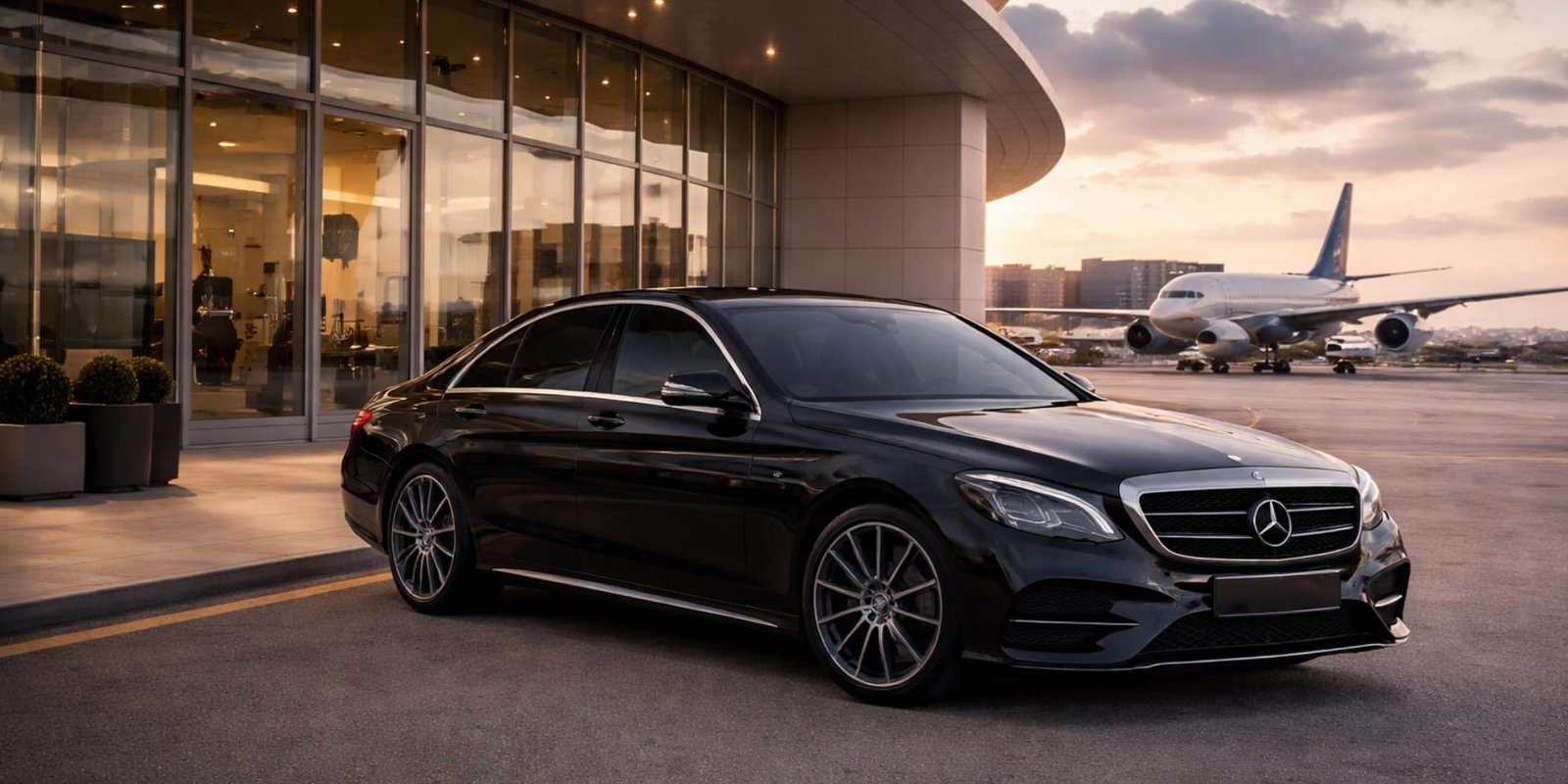 Executive chauffeur car outside an airport terminal with an aircraft in the background, representing Dorset to Heathrow Airport transfers