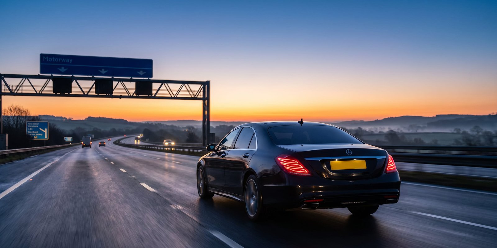 Executive chauffeur car on a motorway at dawn representing a Dorset to Stansted Airport private transfer