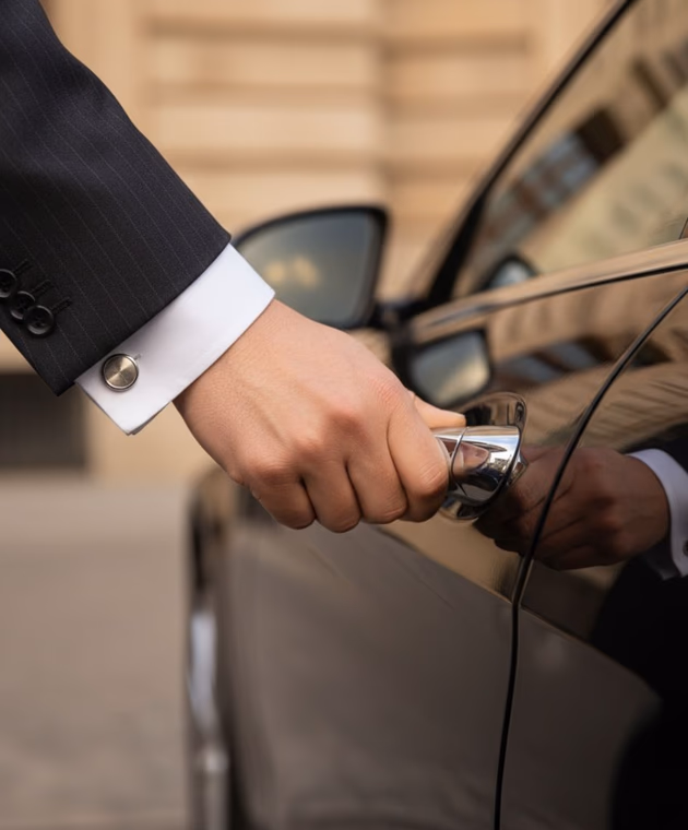 Chauffeur opening the door of a black executive car