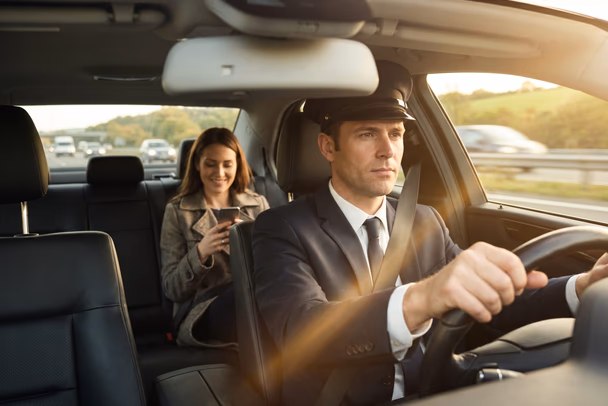 Chauffeur driving a passenger in an executive car on a Poole airport transfer