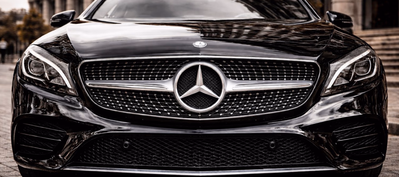 Front view of a black Mercedes executive chauffeur car