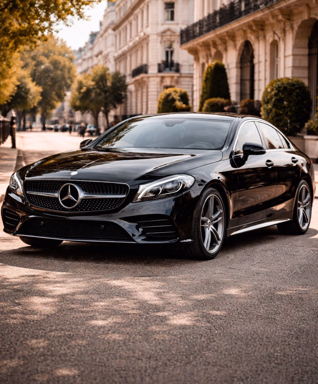 Black mercedes in front of a hotel