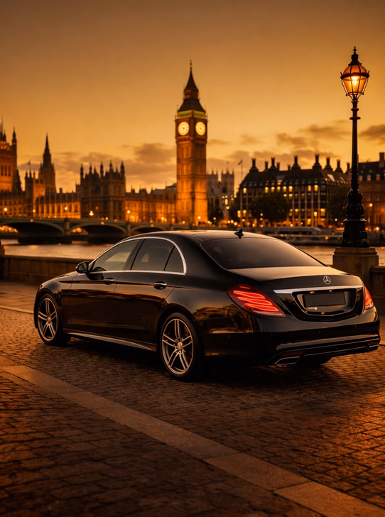 Luxury chauffeur car parked by Westminster Bridge in London at sunset, with Big Ben in the background