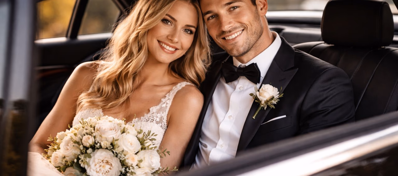 Bride and groom seated in the back of a luxury chauffeur-driven wedding car