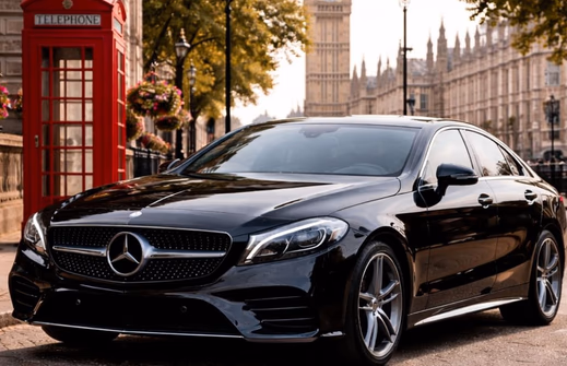 Black executive chauffeur car parked outside a luxury hotel at night