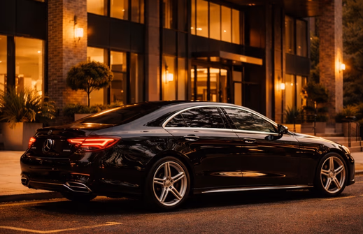 Black executive chauffeur car parked outside a luxury hotel at night