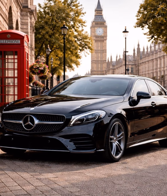 Black executive Mercedes saloon parked outside a modern hotel entrance