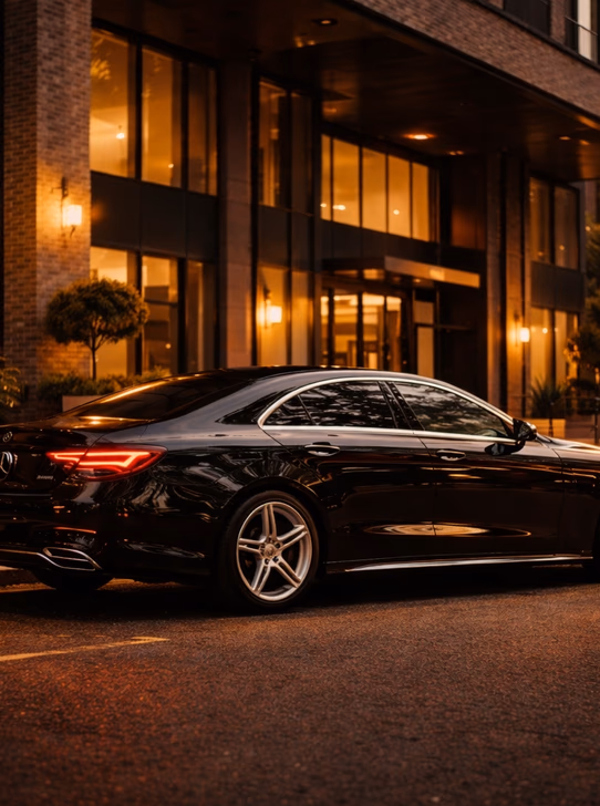 Black executive Mercedes in front of a hotel